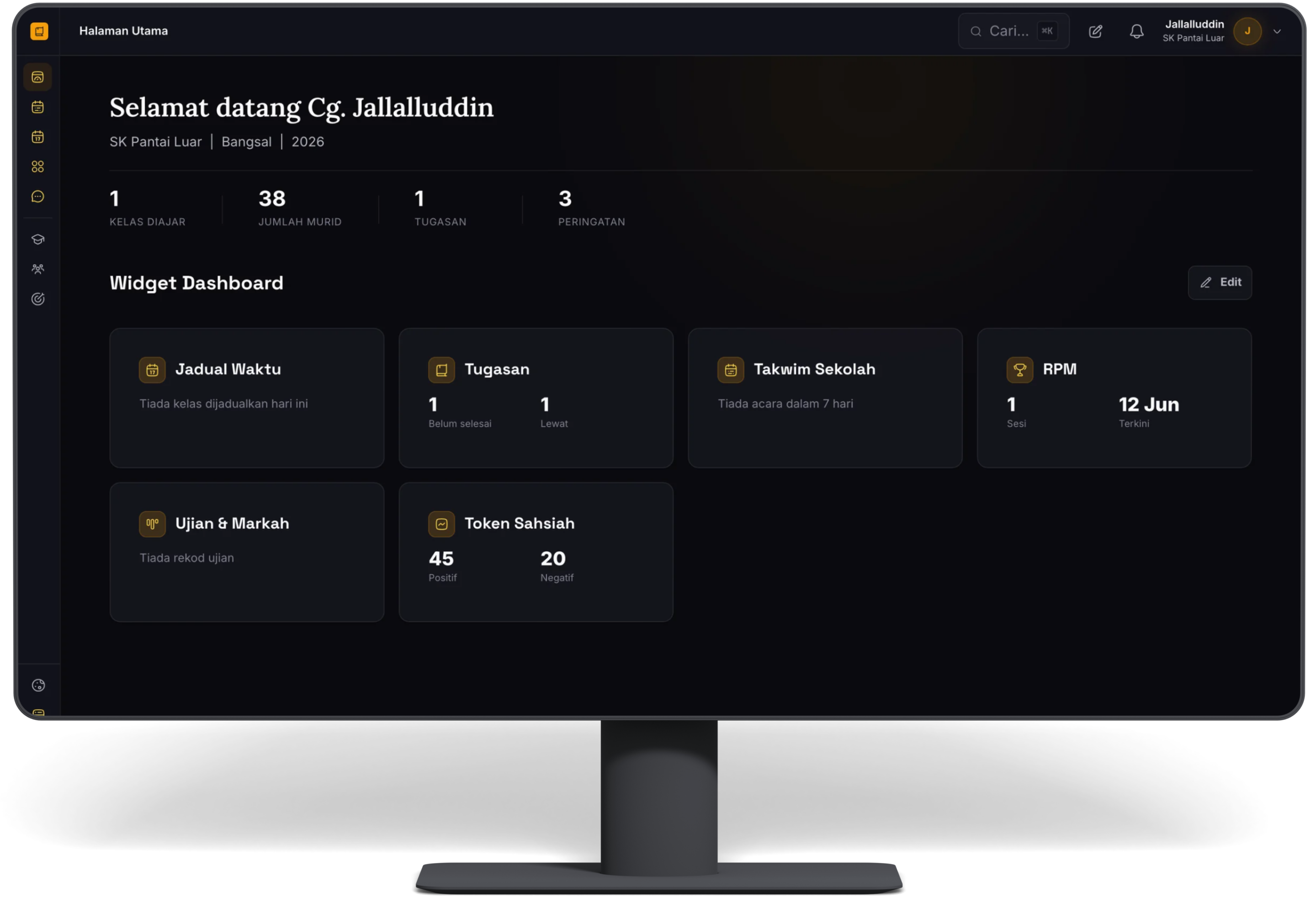 Papan pemuka tecertools menunjukkan widget jadual waktu, tugasan, RPM dan token sahsiah