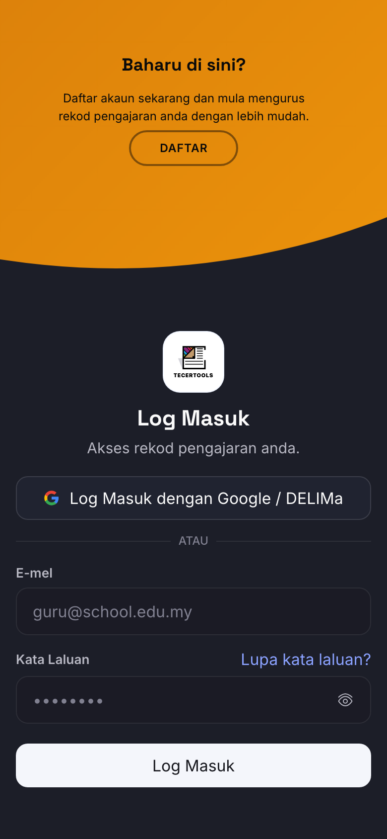 Paparan log masuk tecertools pada telefon mudah alih