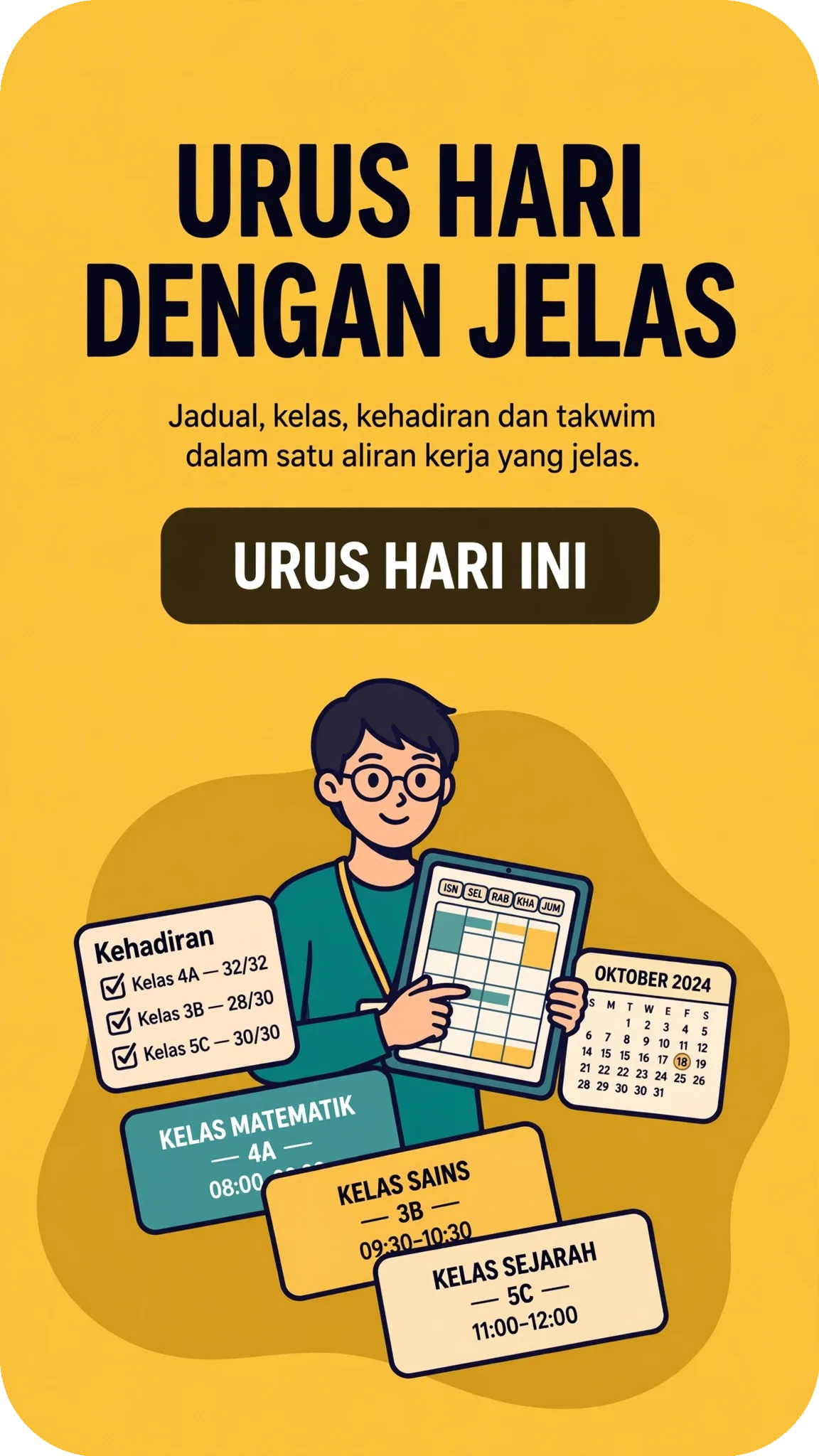 Urus hari dengan jelas: Jadual, kelas, kehadiran dan takwim dalam satu aliran kerja yang jelas.