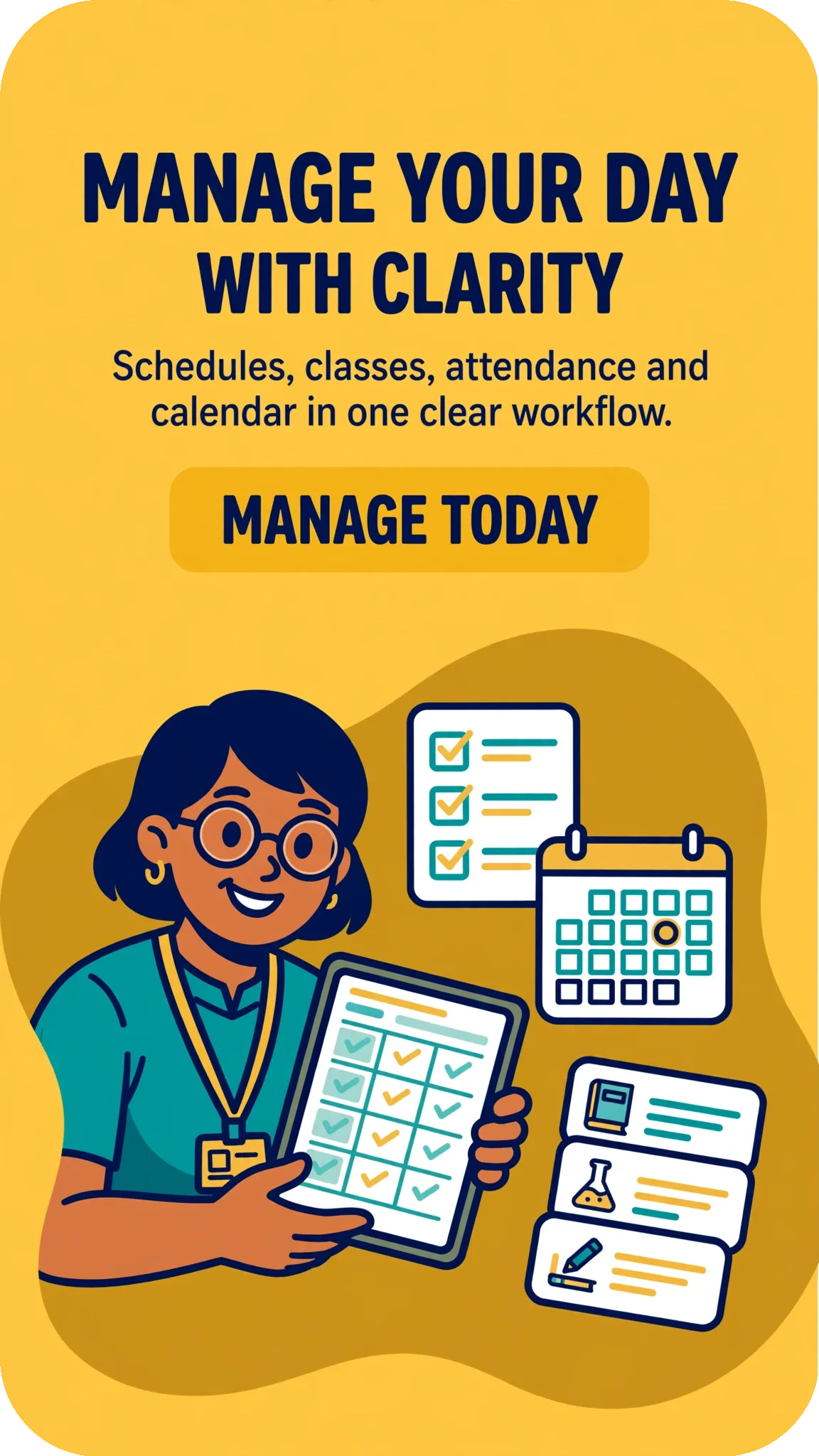 Run the day clearly: Timetable, classes, attendance and calendar in one clear workflow.