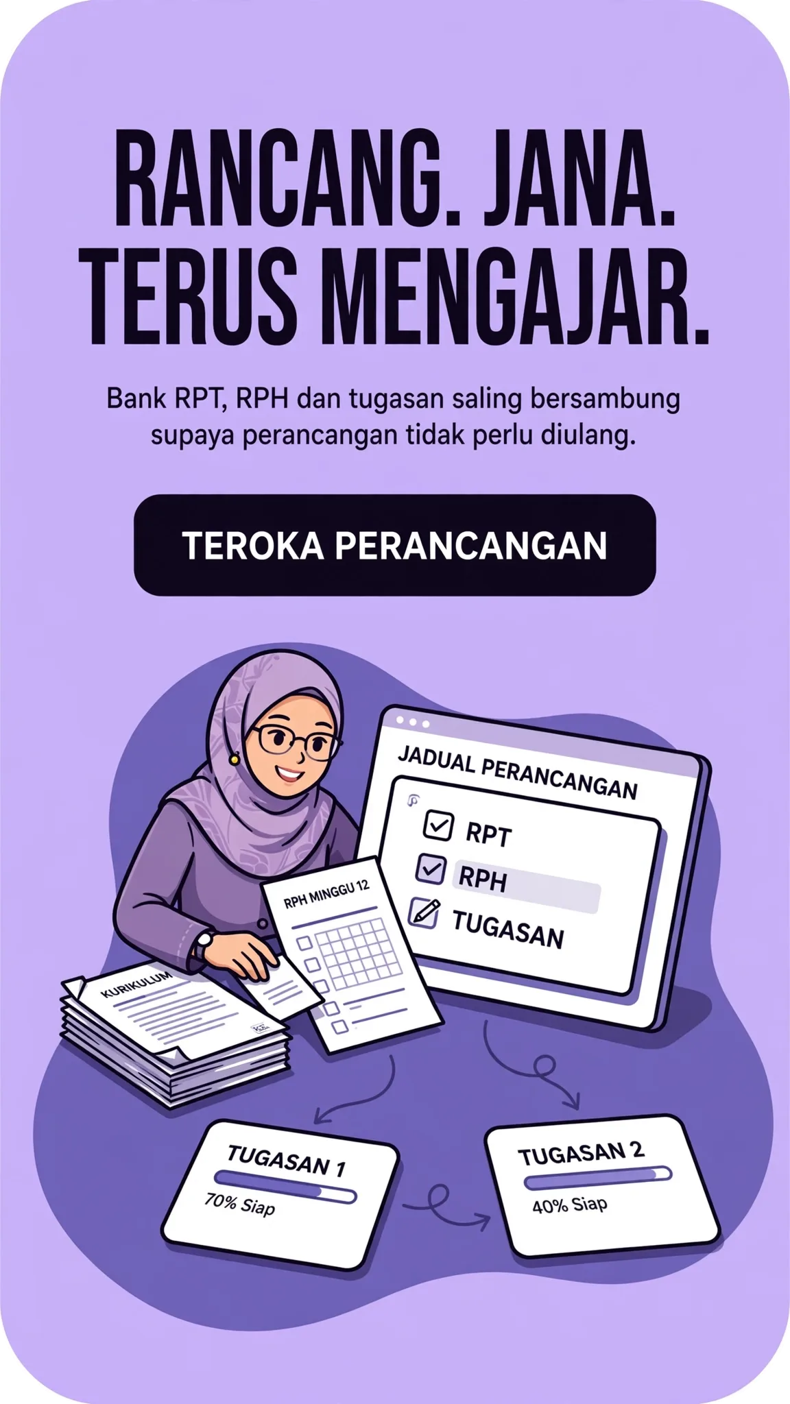 Rancang. Jana. Terus mengajar. Bank RPT, RPH dan tugasan saling bersambung supaya perancangan tidak perlu diulang.